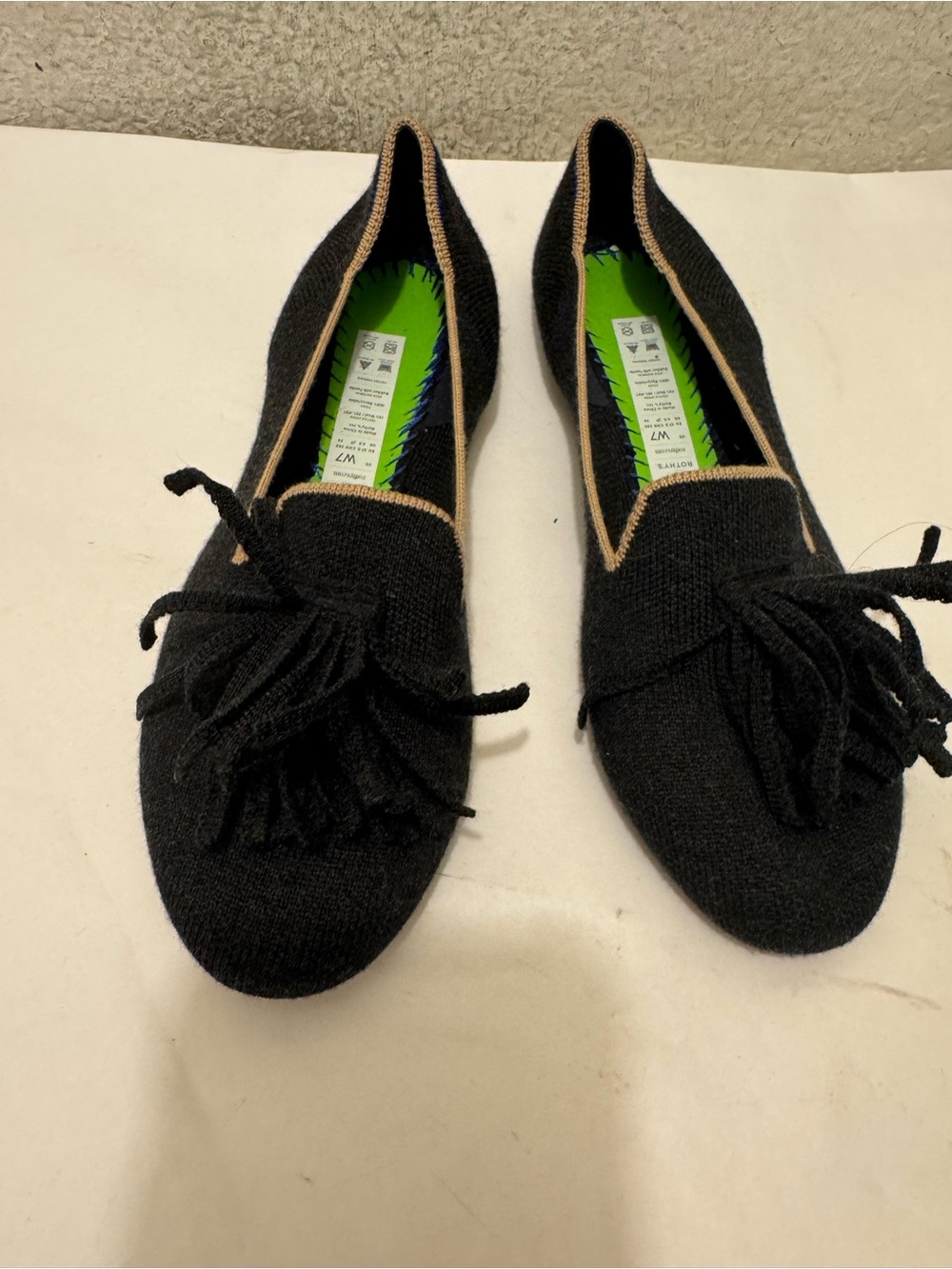 Rothy's merino charcoal Knit Tassel Loafers with Tan Trim